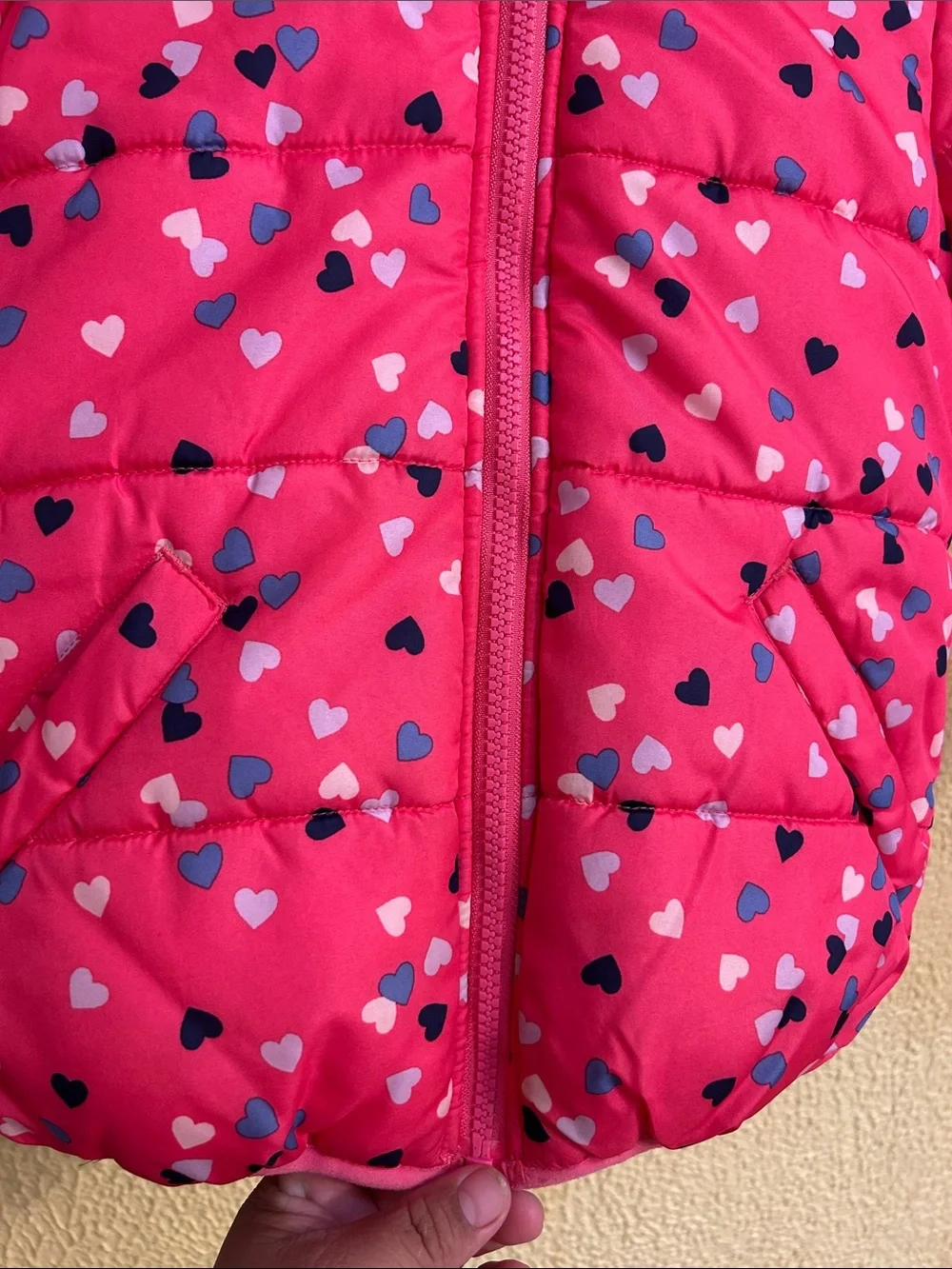 Carter's Coral Pink Puffer Jacket with Multicolor Heart Print and Hood